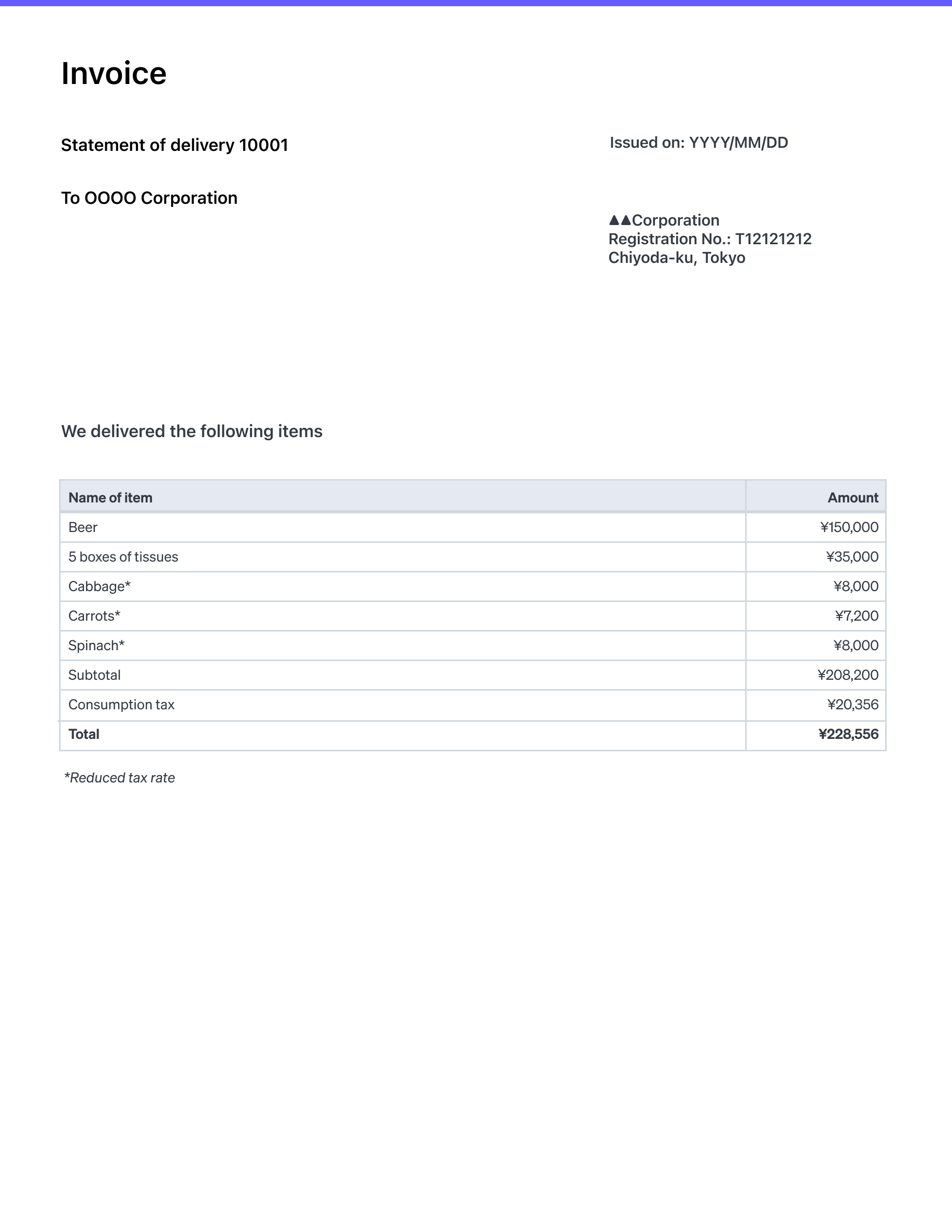 When delivering a qualified invoice with multiple documents - Two documents—an invoice and a statement of delivery—satisfy the requirements for a qualified invoice. The delivery number on both documents establishes a clear connection between them.

