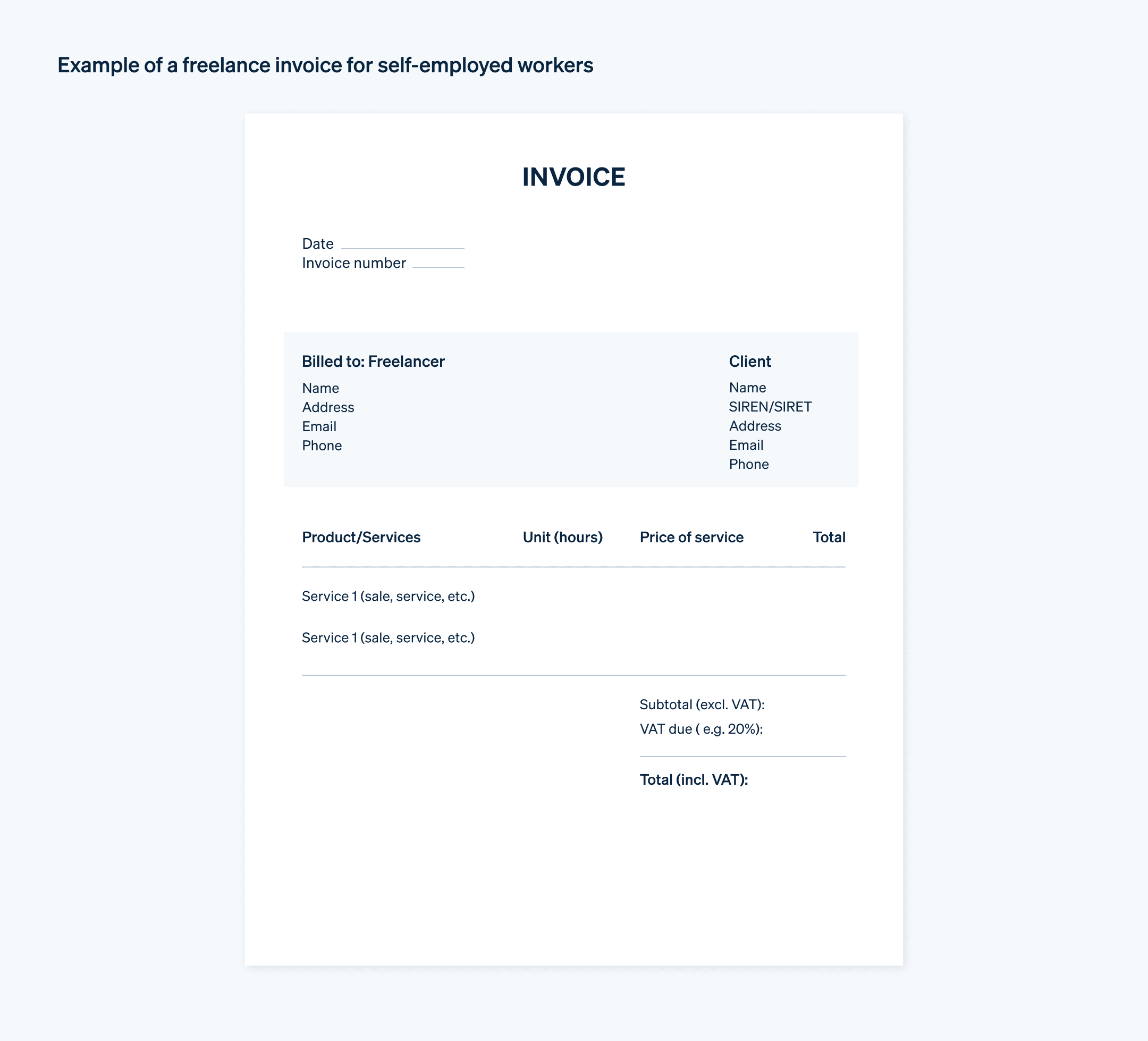 Example of a freelance invoice for self-employed workers - A freelance invoice template to follow for self-employed workers in France.
