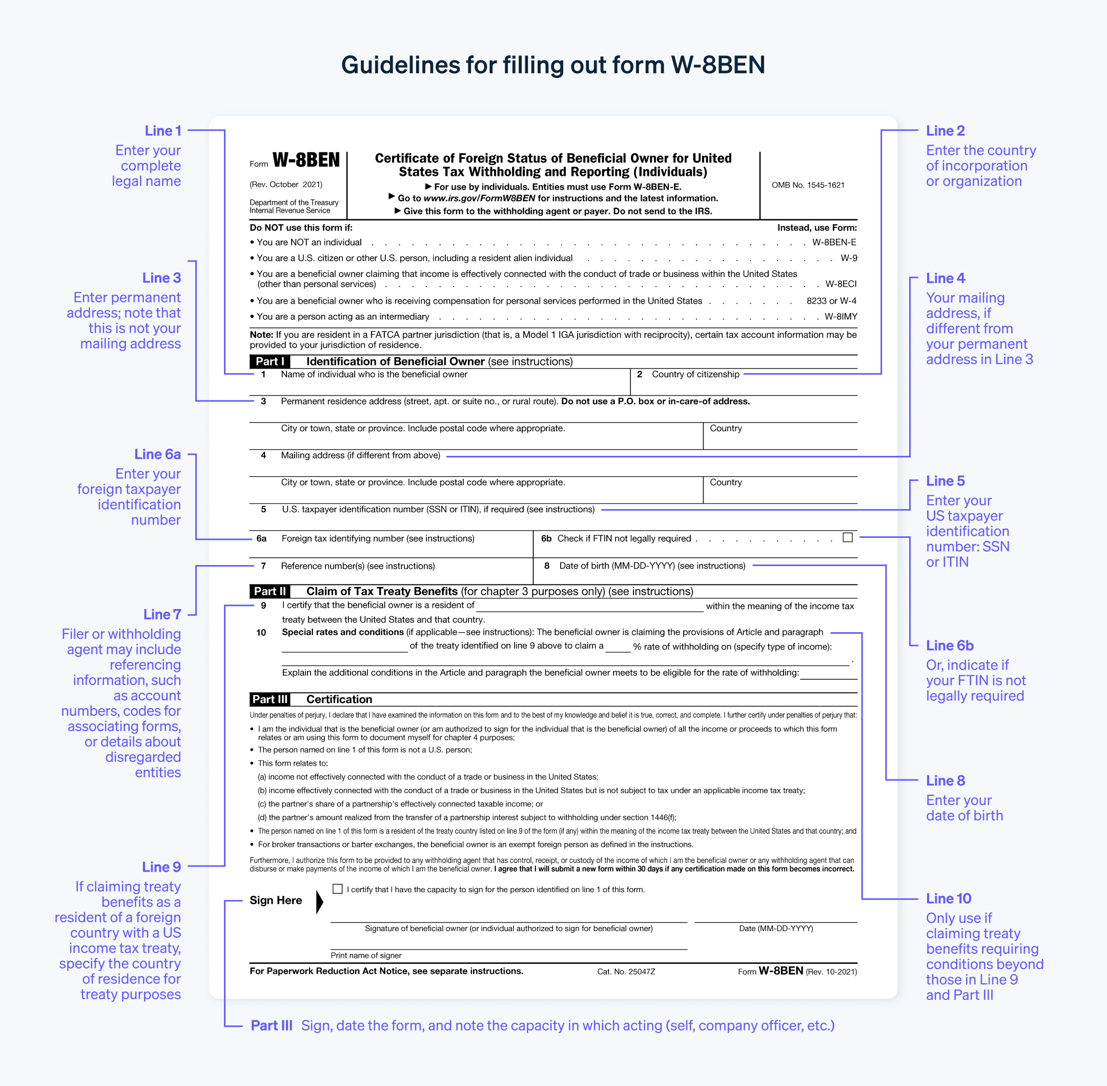 Guidelines for filling out form W-8BEN - Example of how to accurately fill out W-8BEN form