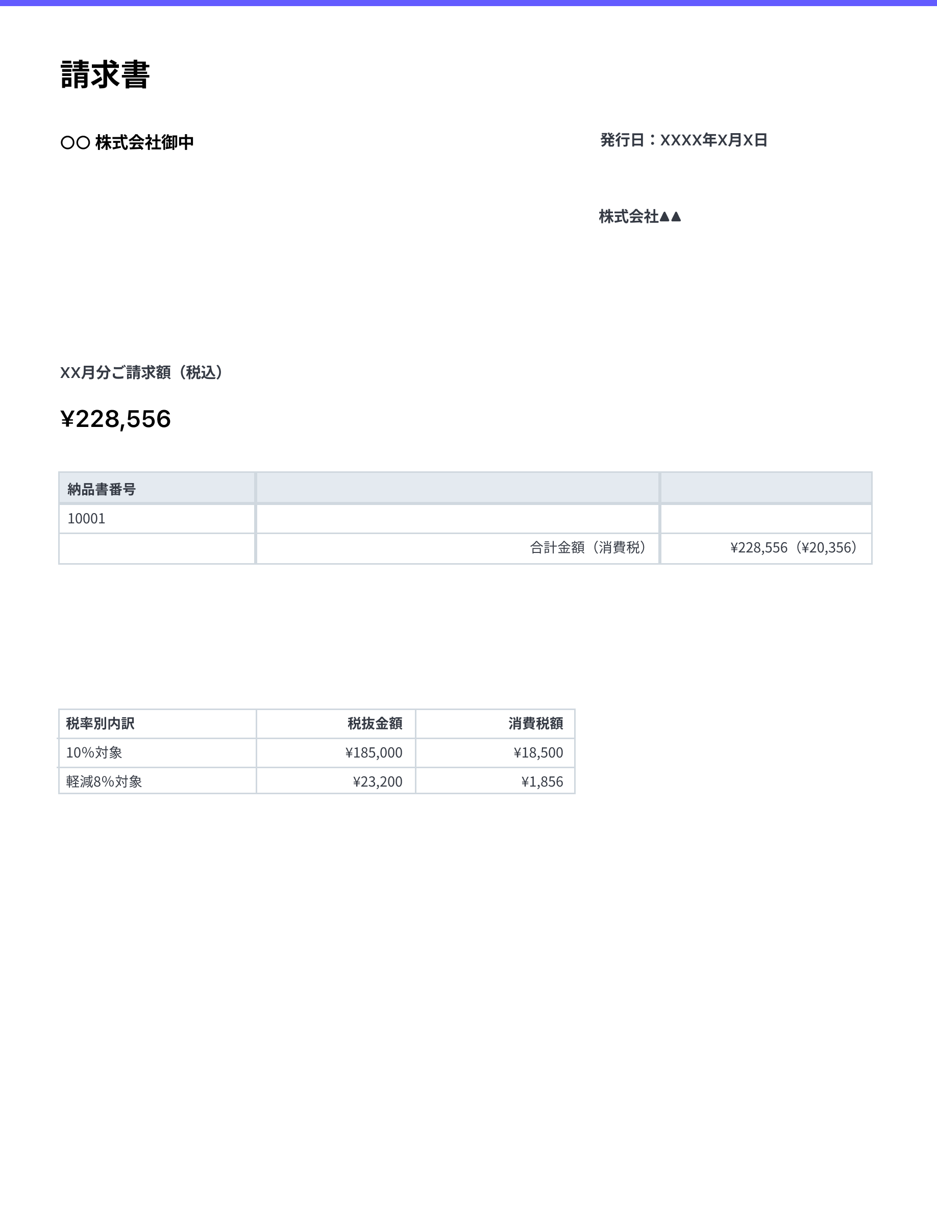 複数の書類で適格請求書 (インボイス) を交付する場合 - 請求書と納品書の 2 つの書類で適格請求書 (インボイス) の条件を満たしています。納品書番号で 2 つの書類が明確に関連付けられていることがわかります。