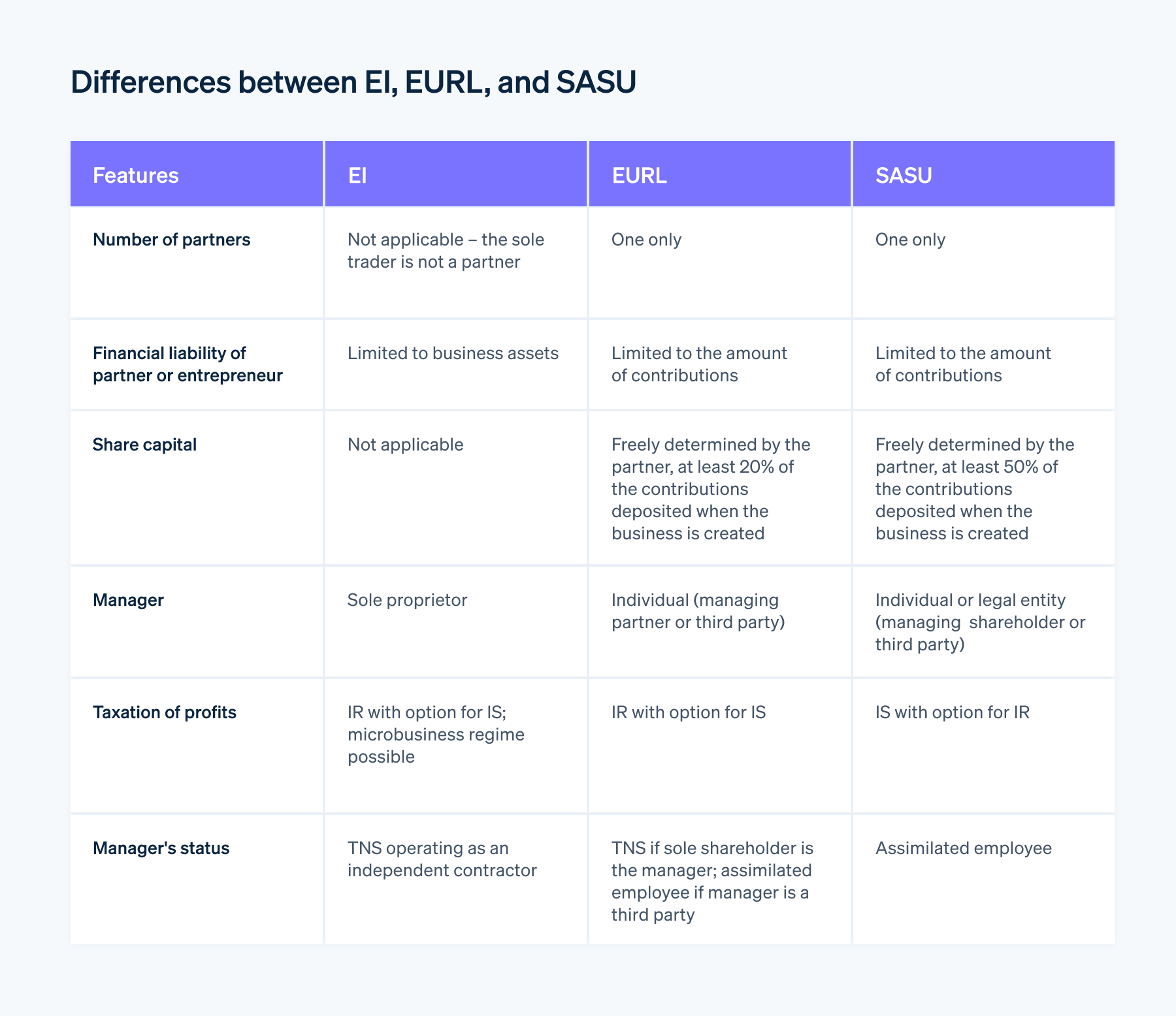 Differences between EI, EURL, and SASU - The main differences between EI, EURL, and SASU.