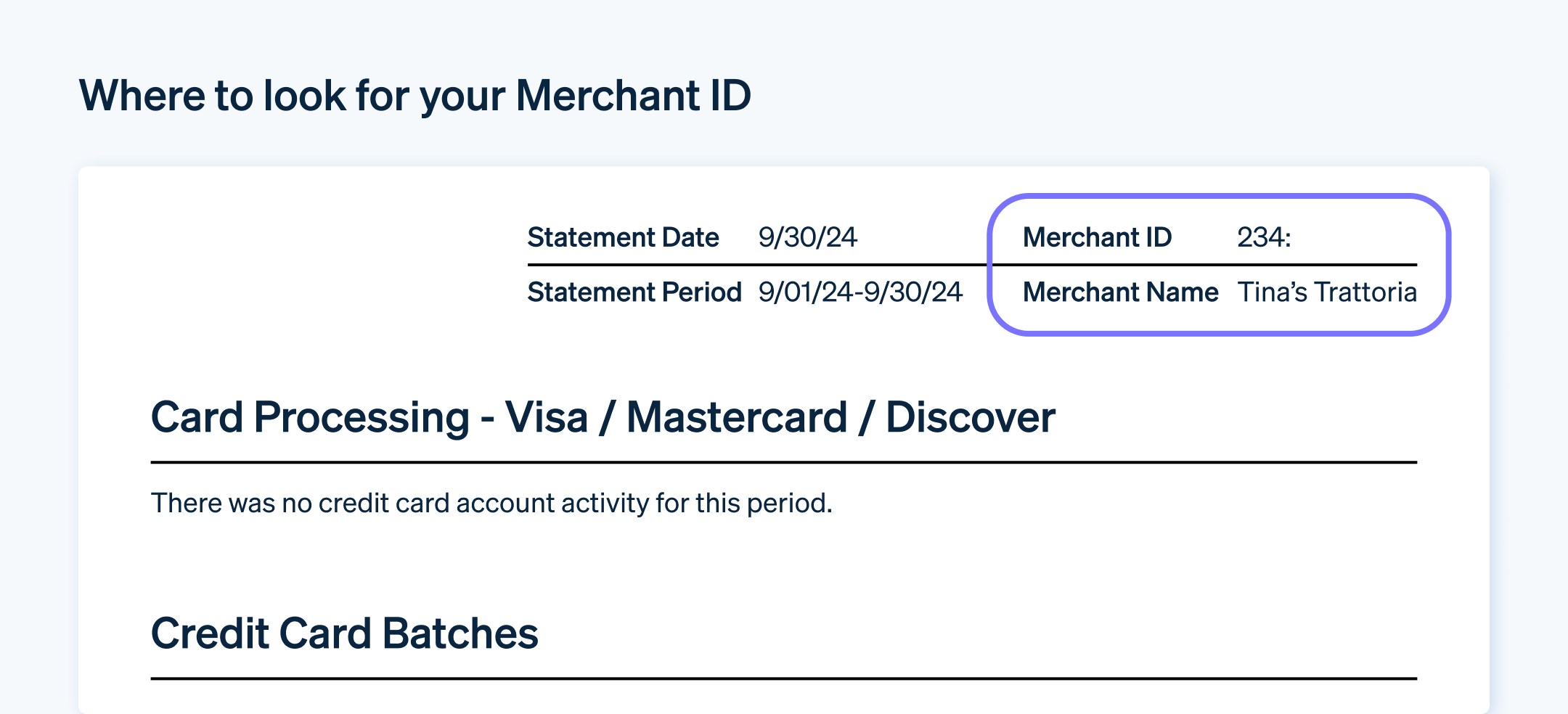 Where to look for your Merchant ID - Example of where to find the merchant ID on a statement