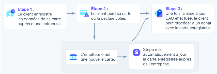 Card account updater flow image - FR - Process flow for how credit card updaters track and replace lost and stolen credit cards. 