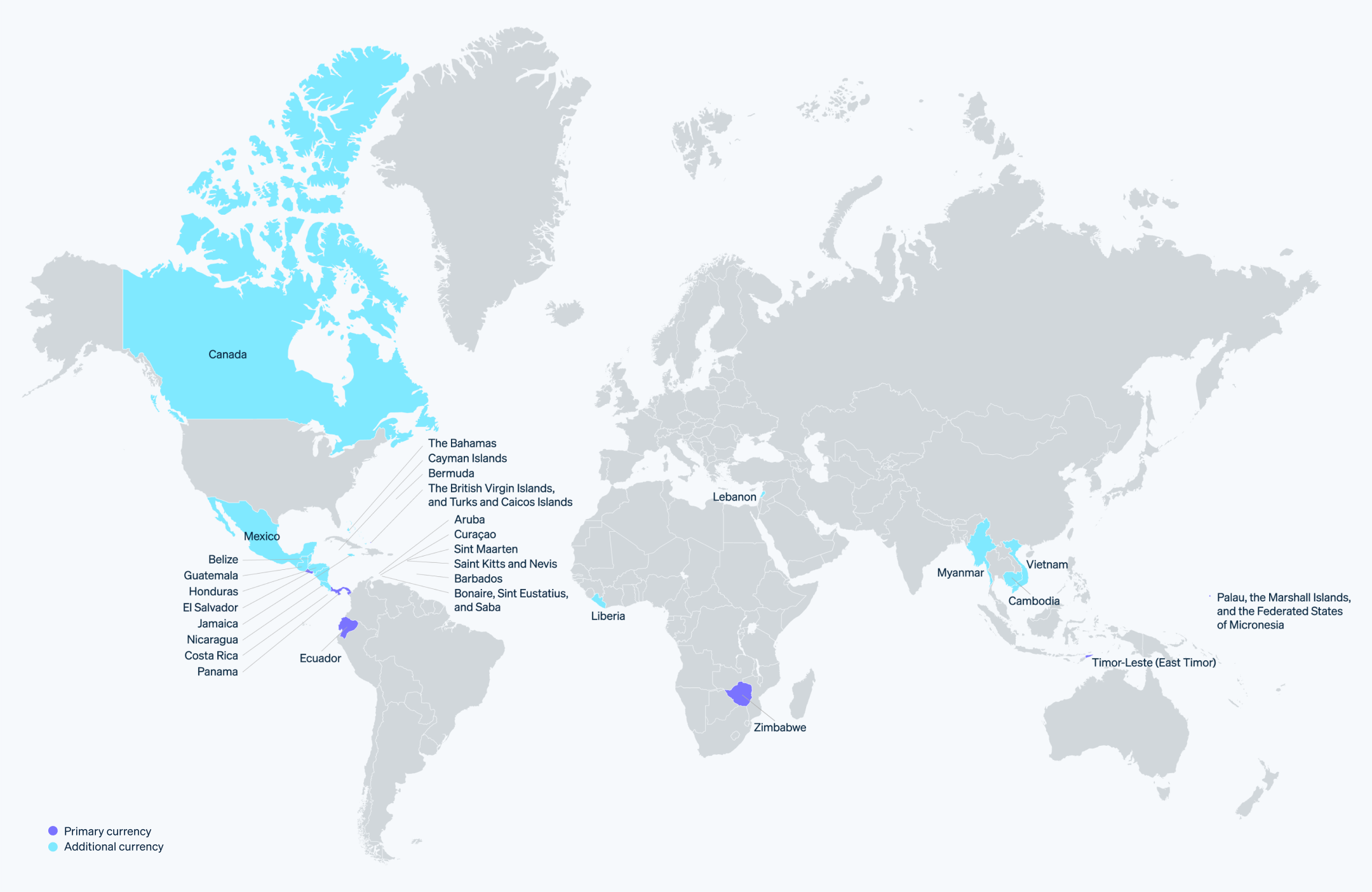 Worldwide use of the US dollar - A map that highlights which countries use the US dollar