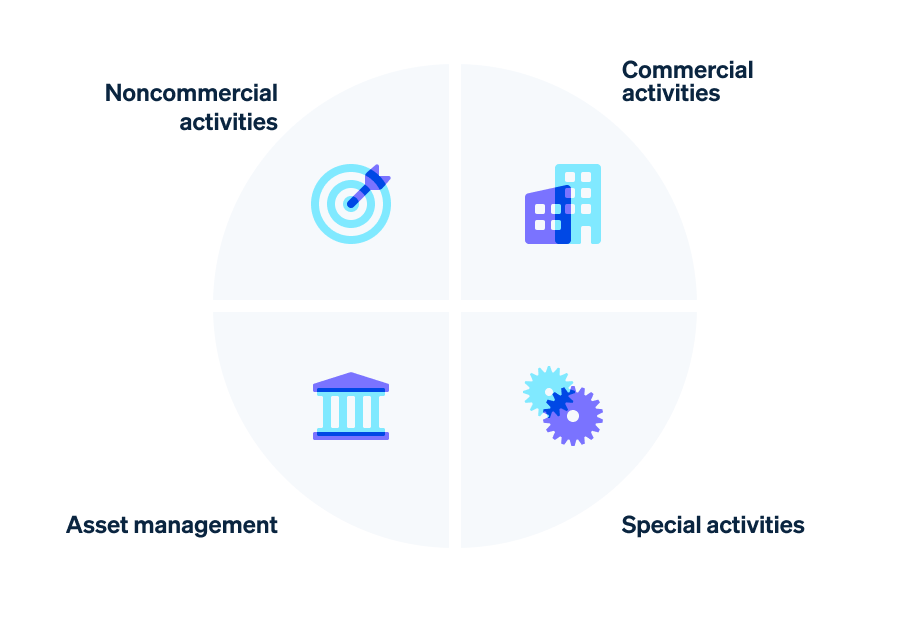 Areas of activity in an association - An association’s activities are categorized into asset management, special activities, noncommercial activities, and commercial activities.