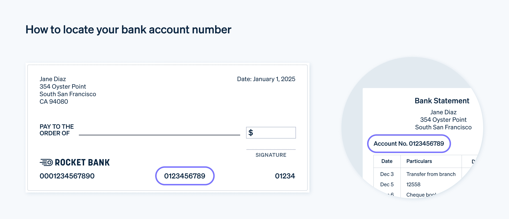 How to locate your bank account number - Example check that shows where and how to locate your bank account number