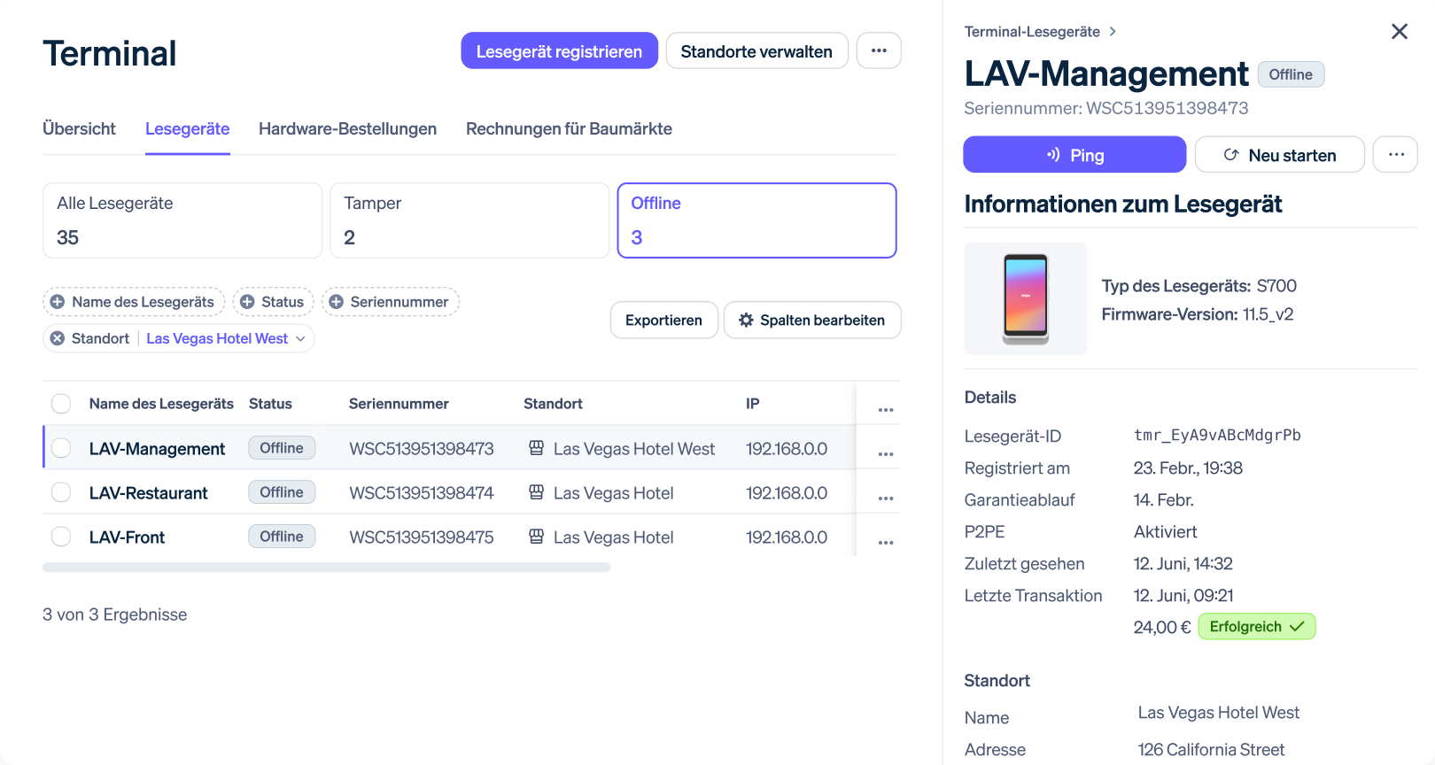 Screenshot des Stripe-Dashboards mit einer Präsentation des Gerätemanagements nach Ort