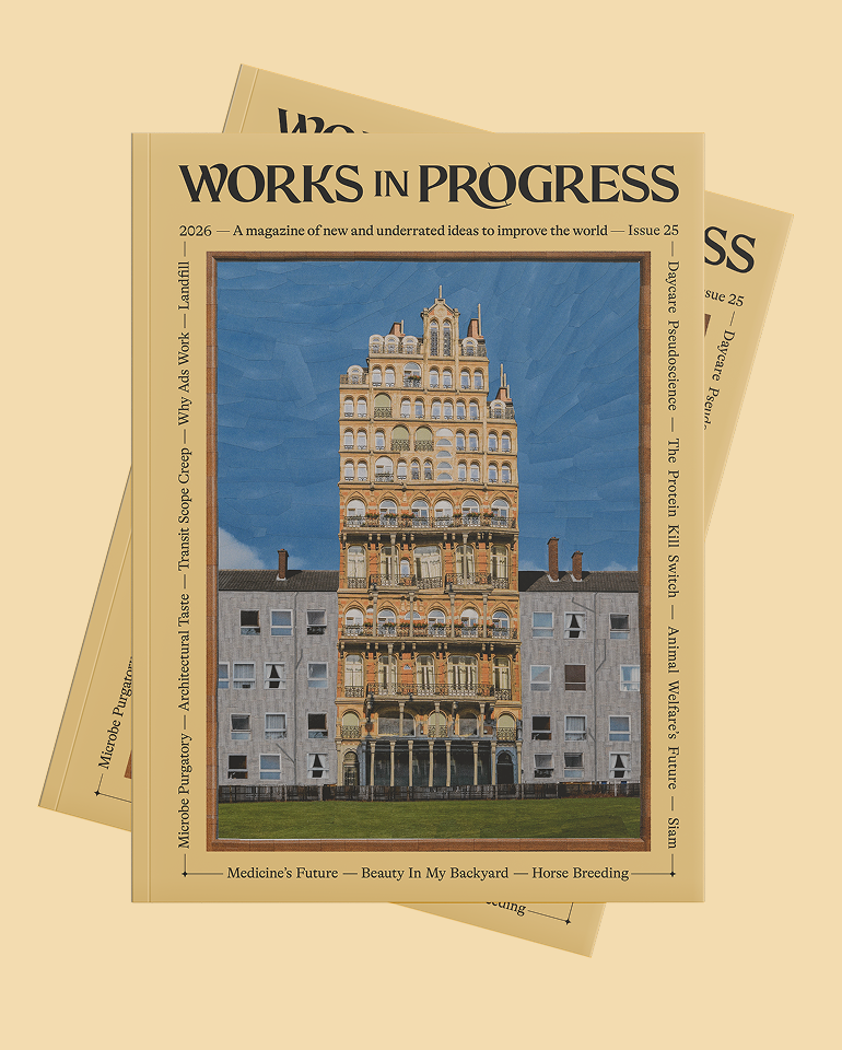 Cover of Works in Progress magazine, Issue 25 (2026), featuring a collage of an ornate building rising improbably tall above a row of terraced houses.