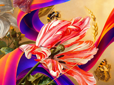 A bumblebee lands on a red-and-white tulip amid swirling purple and orange ribbons, with a butterfly in the corner.