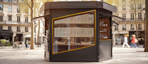 Street view of a traditional Parisian newspaper kiosk with yellow-framed windows displaying publications, where the window frame forms Stripe's parallelogram logo.