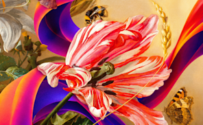 A bumblebee lands on a red-and-white tulip amid swirling purple and orange ribbons, with a butterfly in the corner.