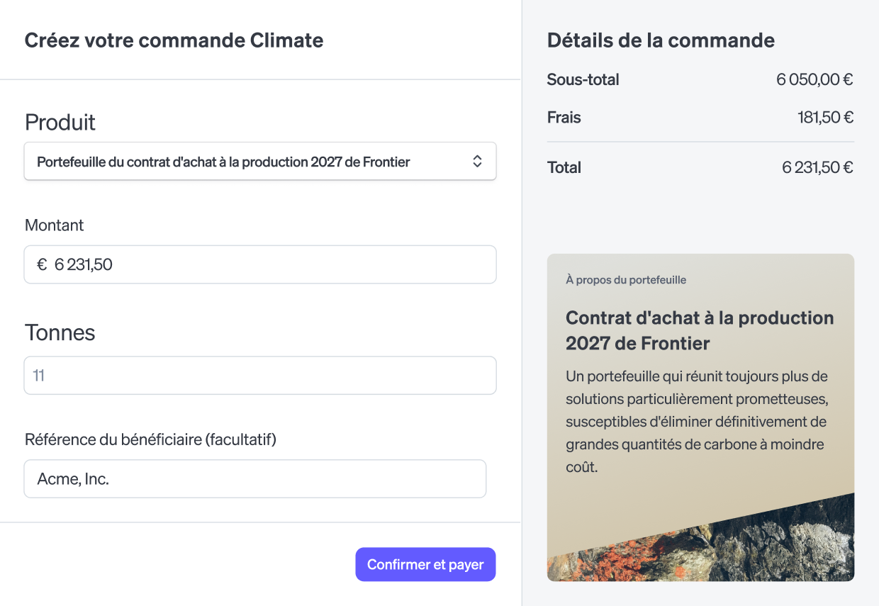 Climate Orders dashboard create panel