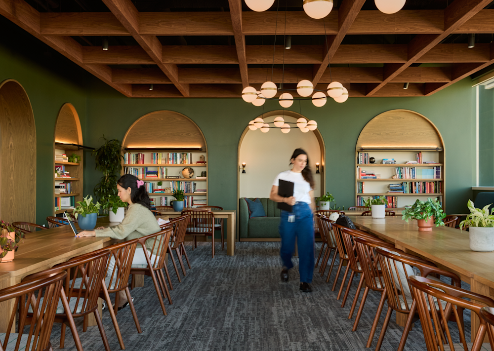 Green bookshelves and shared library tables