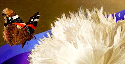Digital artwork blending a classical white peony, a red admiral butterfly, and a caterpillar with flowing purple and orange gradient ribbons.